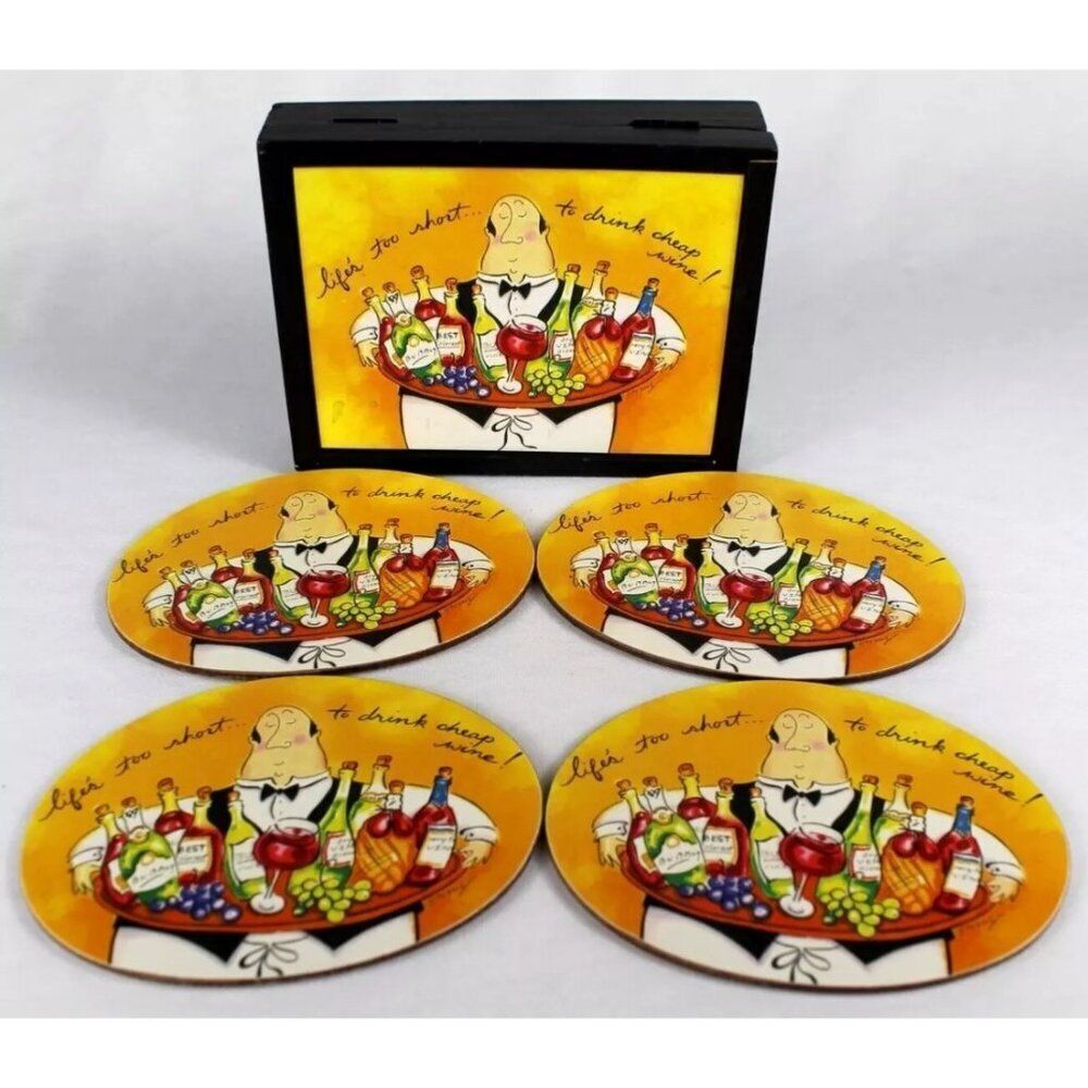 Tracy Flickering Set Of 4 Mud Pie Bartender Coasters & Wood Storage Box